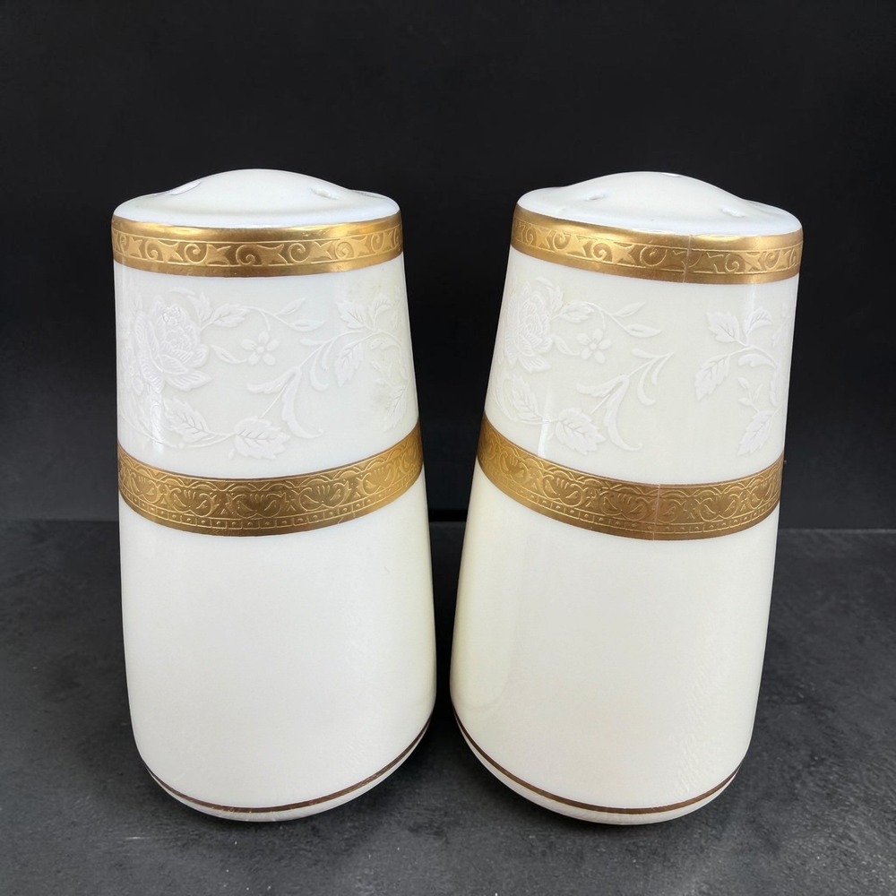 Mikasa Antique Lace Salt and Pepper Shakers Set Gold Trim White Floral China